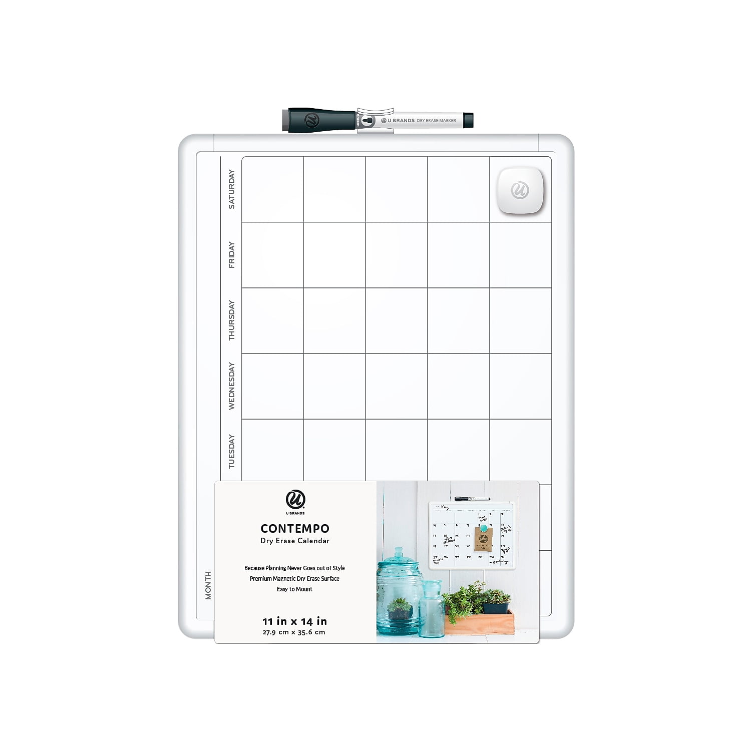 U Brands Magnetic Monthly Calendar Whiteboard, 11" x 14", White Frame, 260U