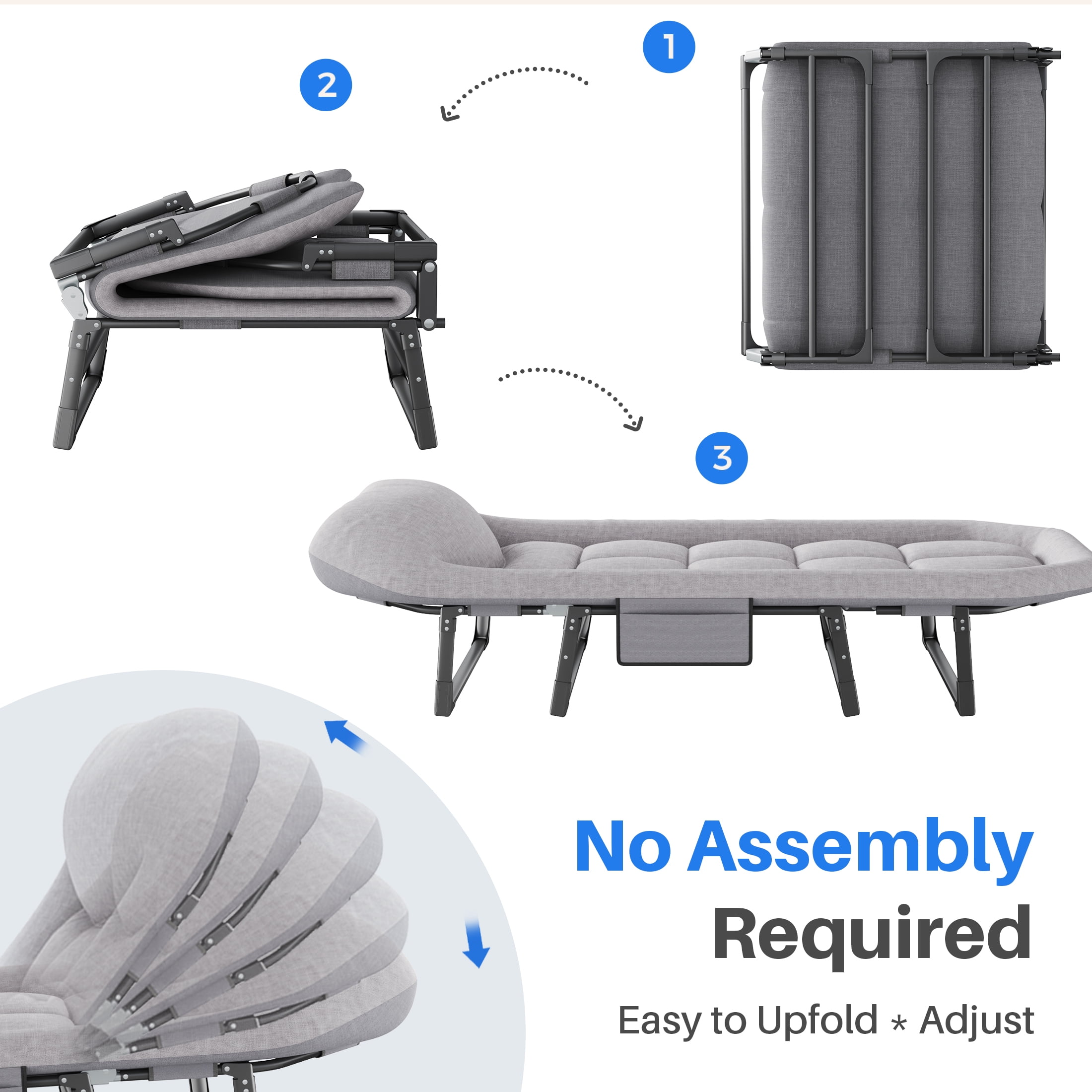 JIOABL Folding Camping Cot for Adults with Headrest & Mattress, 71 Inch Portable Sleeping Bed for Camping, Travel, Gray