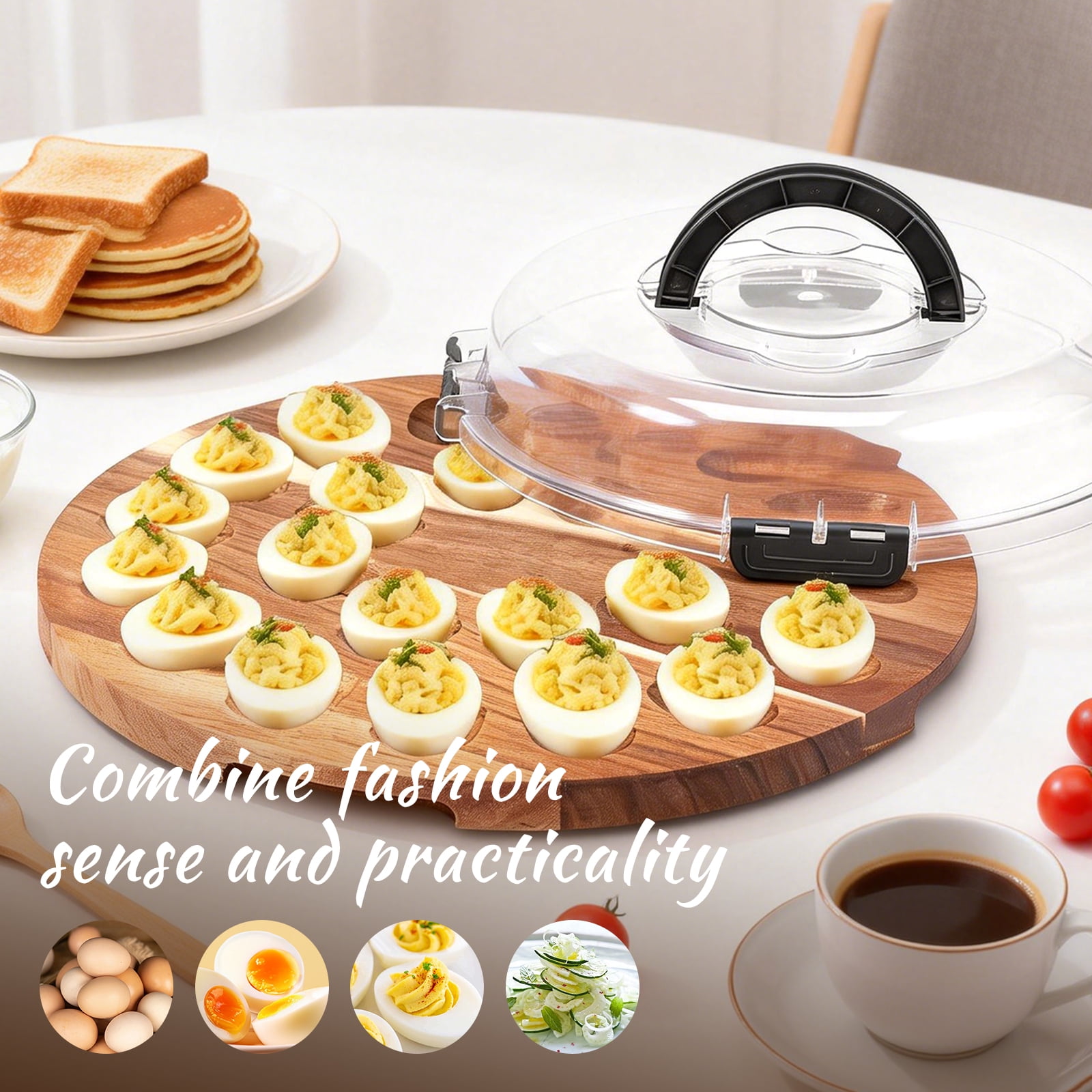 Tcwhniev Deviled Egg Container with Lid, 24 Slot Wooden Deviled Egg Tray & Carrier, Portable Egg Storage Platter for Party, Kitchen & Home Use