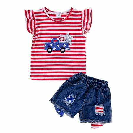 

Clearance! 4th of July Baby Girl Outfits Independence Day Baby Girl Clothes Toddler Girl Summer Outfits Striped Shirts Tops Shorts Two Piece Set Suit For 2-7 Years