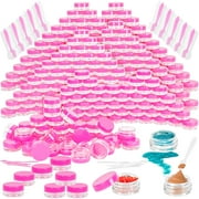 MotBach 100 Pcs 3g Empty Plastic Containers with Lids,Tiny Makeup Sample Containers, Small Pot Jars Pink Round Cosmetic Jars with 20 Pcs Mini Spatulas for Liquid Sample Powder Creams (Pink Lid)