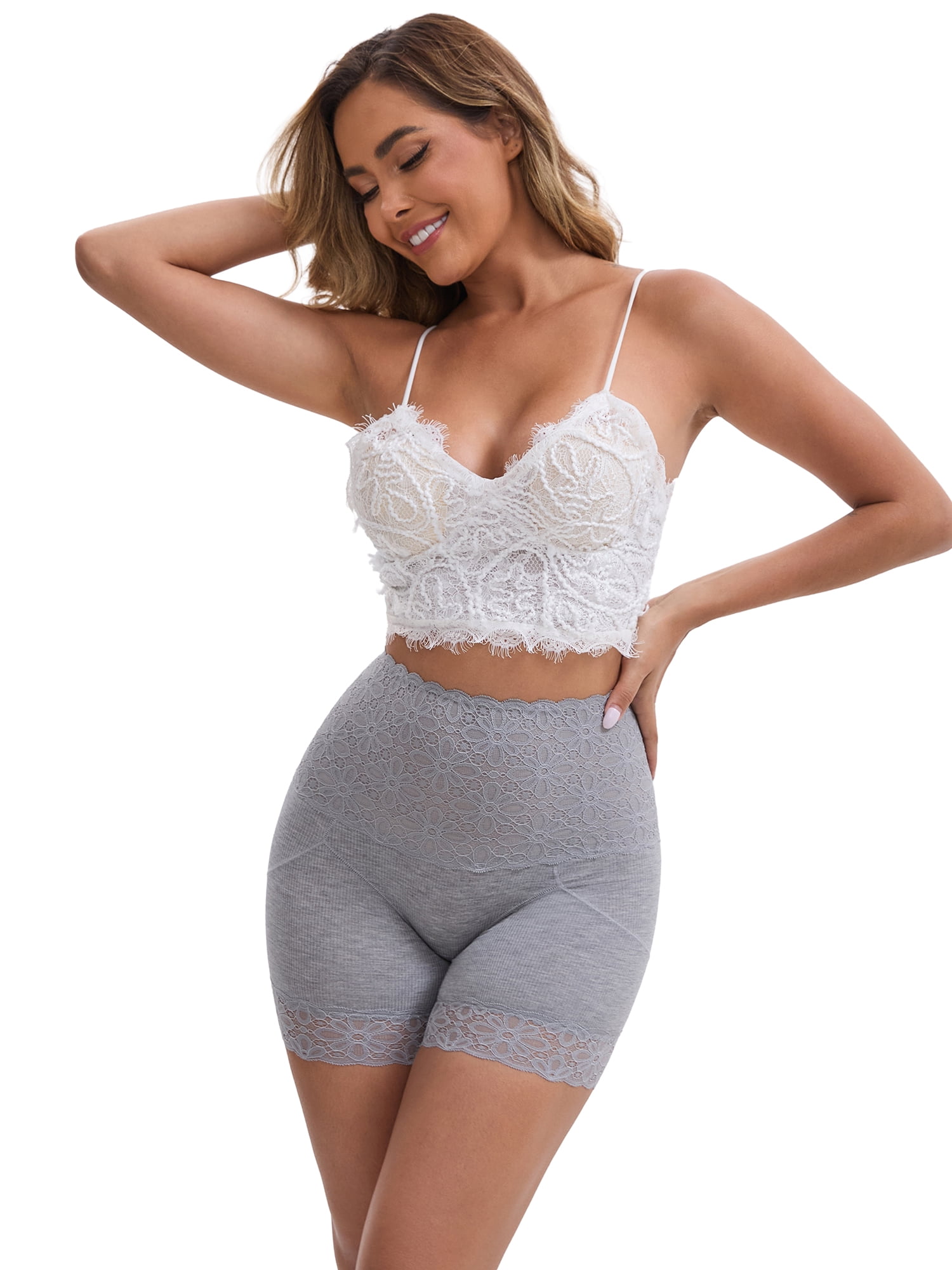 Daring Diva Women's Lace Trim Tummy Control Slip Shapewear Panties XL Gray