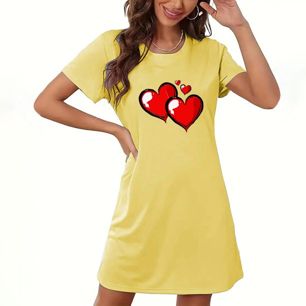 Camisón corto de San Valentín para mujer, talla grande, estampado en el pecho, cuello redondo, manga corta