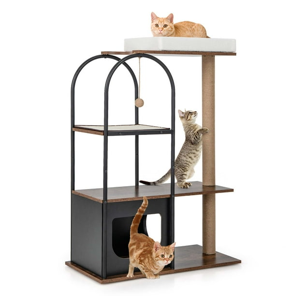 Costway Torre Para Gatos De 118 Cm De Altura Con Marco De Metal Con Percha Superior, Condominio Para Gatos, Postes Rascadores De Yute, Tablero De Sisal, Bola Colgante