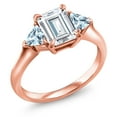 thumbnail image 2 of Gem Stone King 18K Rose Gold Plated Silver White Moissanite and Sky Blue Aquamarine 3-Stone Ring for Women (2.09 Cttw, 8X6MM Emerald Cut and 3.5 Trillion, Gemstone Birthstone, Size 8), 2 of 4