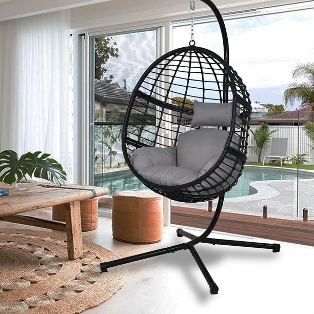 Abble Outdoor Wicker Hanging Basket Swing Chair with Cushion and Stand