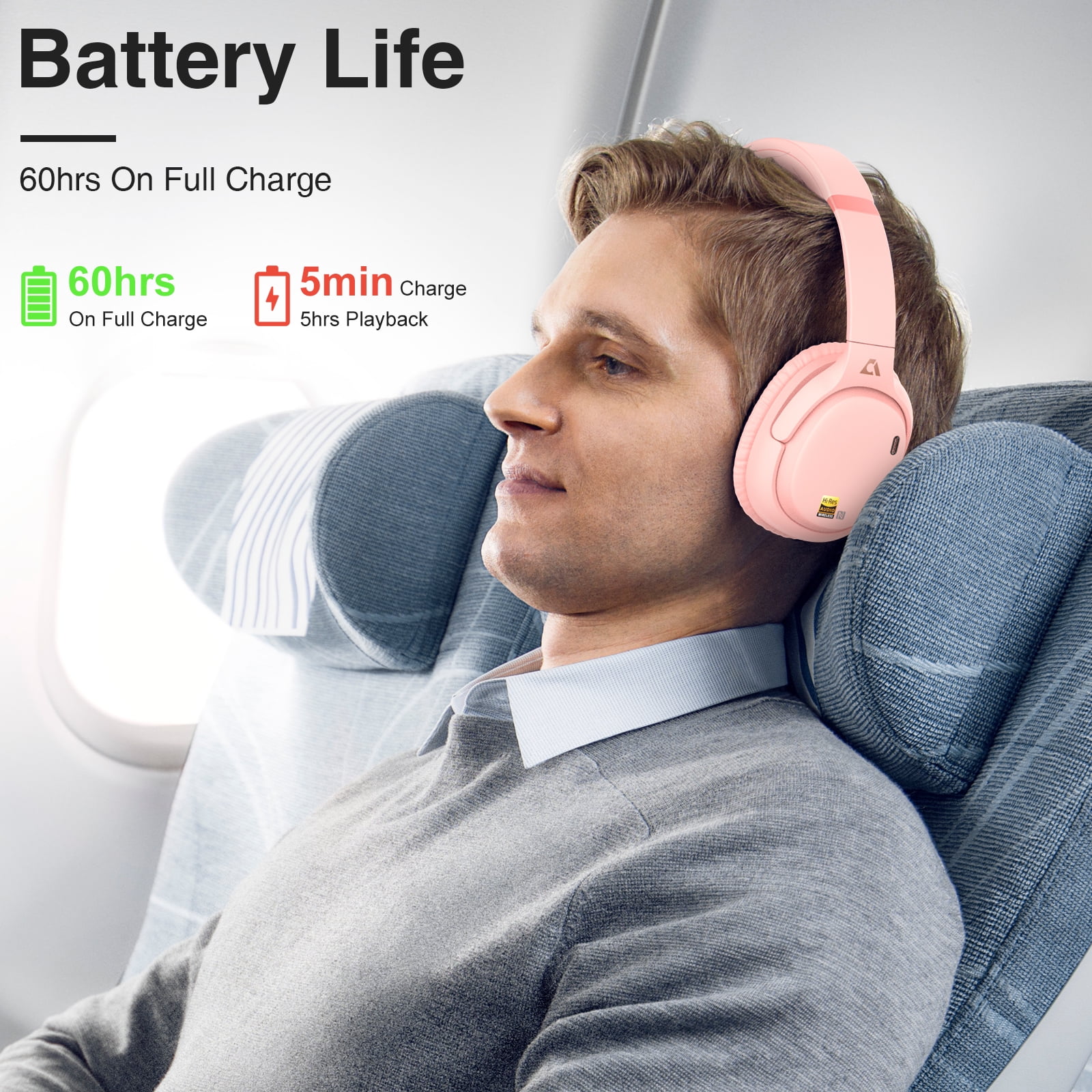 Ankbit E700 Noise Cancelling Headphones with LDAC, Wireless Bluetooth 5.1 Over Ear Headphones with Microphone, 60H Playtime, Pink