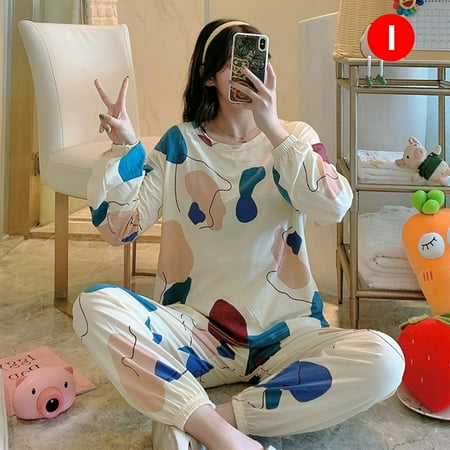 

Women Pajamas Suit Long Sleeve Top Trousers Cartoon Print Loose Two-piece Sleepwear Home Service Set New