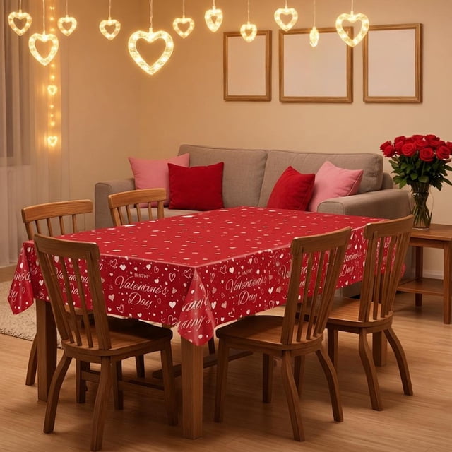 Mantel de San Valentín de 137 x 274 cm | Mantel de plástico impermeable con estampados de corazones para fiestas y decoraciones.
