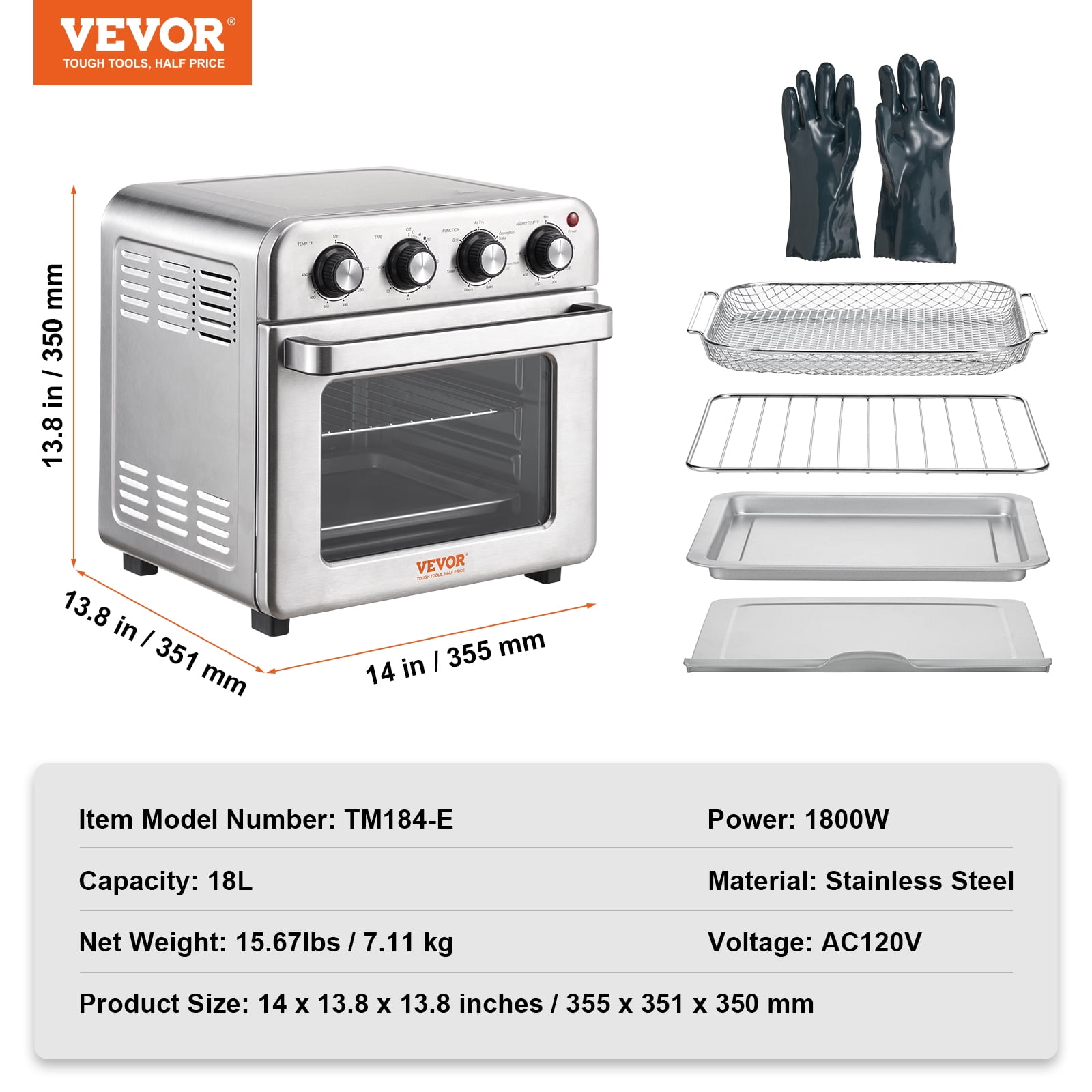 KFFKFF 7-IN-1 Air Fryer Toaster Oven 18L Stainless Steel 1700W Convection Oven
