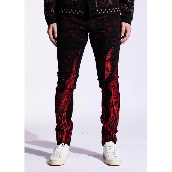 Embellish NYC Men's Eulogy Black/Red Embroidered Skinny Fit Stretch Denim Jeans (28, Black/Red)