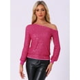 thumbnail image 4 of DARING DIVA Women's Sequin Top Off-Shoulder Long Sleeve Tops S Hot Pink, 4 of 6
