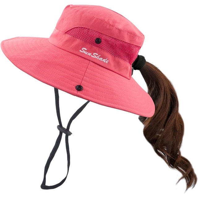 Women's Ponytail Sun Hat UV Protection Foldable Mesh Wide Brim Beach Fishing Hat