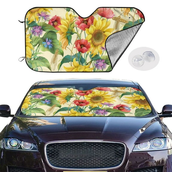Picia Sunflower Cornflower Poppy Curved Windshield Sunshade Accordion Folding Style Auto Shade for Car Truck SUV Van Blocks UV Ray Sun Visor Protector -Small
