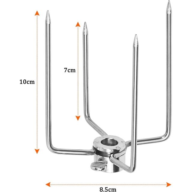 pinzas para carne pinza para carne de acero inoxidable - 2 pinzas para barbacoa pinzas para barbacoa accesorios asador pollo asador asador 10 mm con tornillo de bloqueo para barbacoa (2 pie muestra dos tenedores de asador de acero inoxidable color oro, tamaño aprox. 10 x 7 cm, con cuatro puntas afiladas y escalonadas fijadas a una base circular con orificio central y tornillo moleteado para ajustar brochetas de 1–10 mm; vista frontal sobre fondo blanco; también suelen usarse para asar pequeños pinchos de pollo o verduras en reuniones al aire libre.