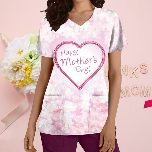 LSLJS Women's Fashion Short Sleeve V-Neck Tops Working Uniform Printing with Pocket Blouse Tops, Womens Plus Scrubs