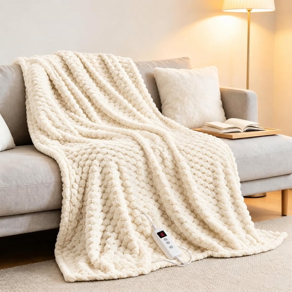 Cozy Electric Heated Throw Blanket, 3D Jacquard Flannel & Sherpa Fleece - 6 Heat Settings - 9H Auto Shut-Off - Machine Washable, Beige, 50x60 in