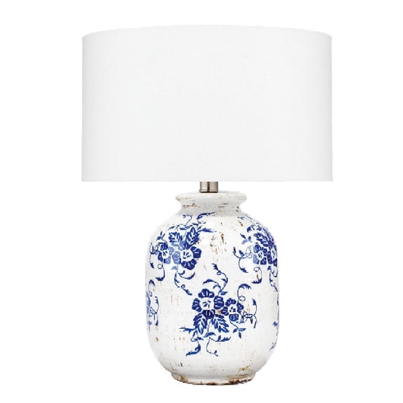 J&D Designs Ruth Ceramic and Cotton Table Lamp in White/Blue Patterned