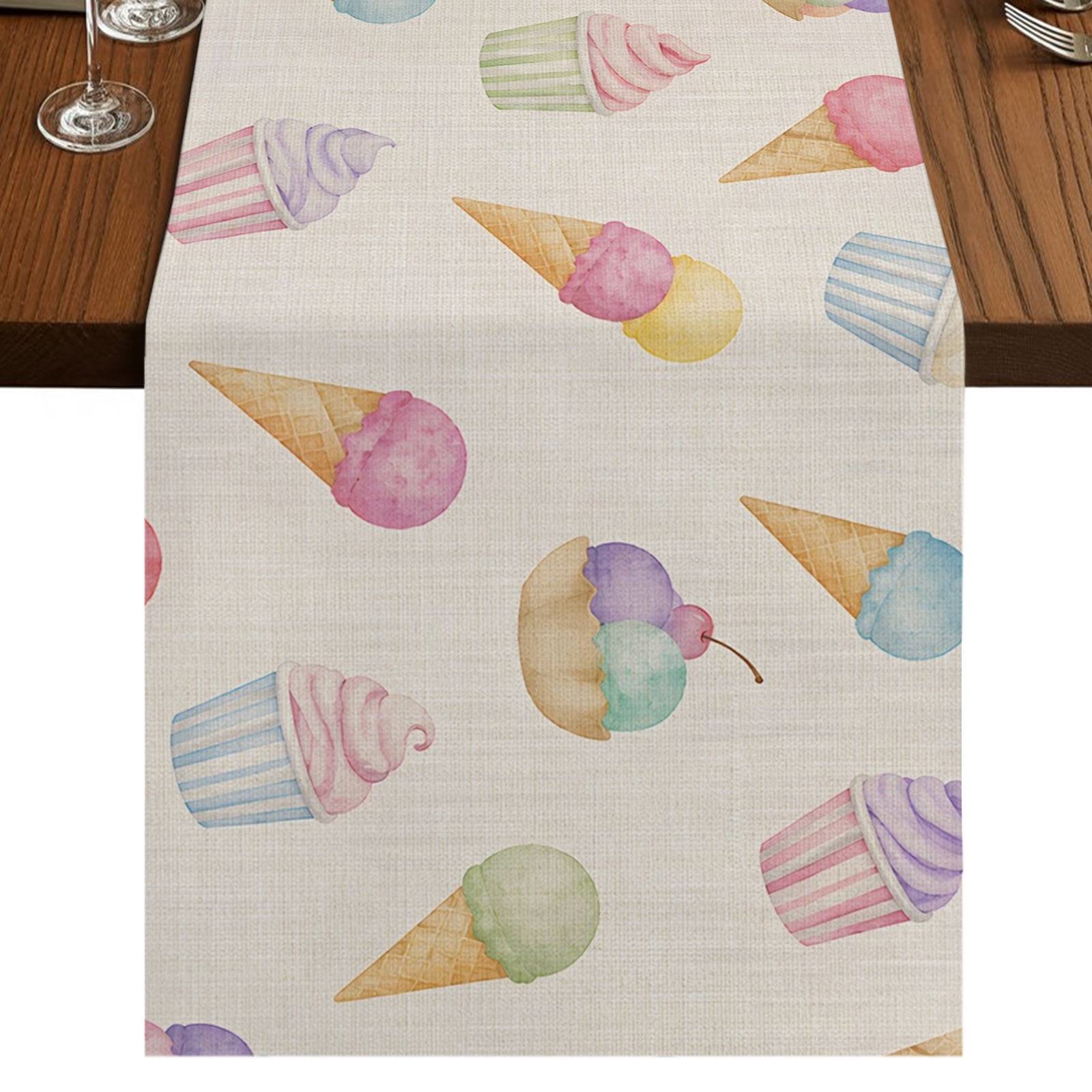 Ice Cream Burlap Cotton Table Runner 13x108 Inches Long Colorful Watercolor Dessert Cupcakes Rustic Farmhouse Table Runners Outdoor Dining Table Decor for Baby Shower/Party/Wedding