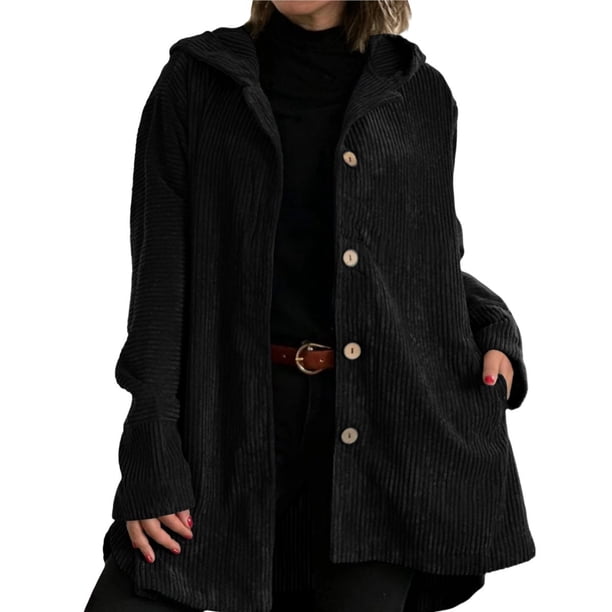 Chaqueta Informal de Holgada con Capucha y Larga para Mujer, Otoño e Invierno Negro XL