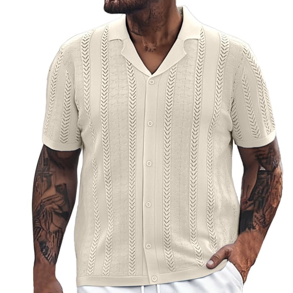 LIIPEE Men Shirts Casual Solid Color Loose Fit Lapel Short Sleeve Button Up Shirt Male Fashion Hollow Out Knitted Business Tops Comfortable Breathable Soft Daily Shirts,Beige,L