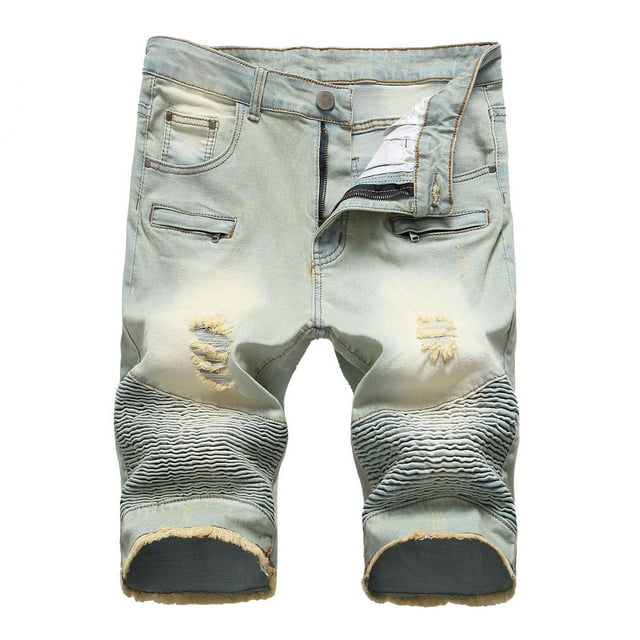 Birdeem Mens Ripped Denim Trunks Stretchy Washed Jeans Trunks Cut-Off Classic Fit Biker Jeans Trunks