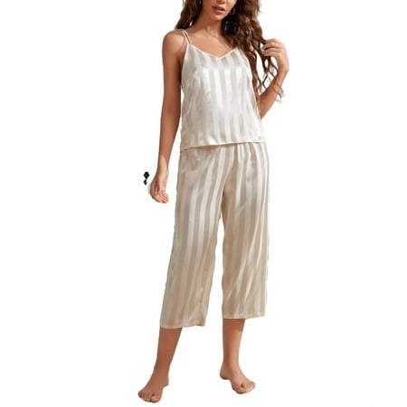 

Spaghetti Strap Casual Plain Pant Sets White Sleeveless Women Pajama Sets
