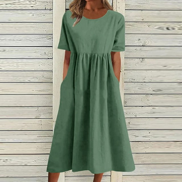 Lindbes 2024 Été Nouveau P-2TG Vintage Coton Lin Robe Femme Décontractée Ample Col Rond Manches Courtes Mode Maxi Robes Vestidos Mujer