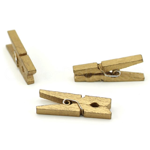 Cleverdelights Mini Pinzas Para Ropa De Madera De 1 1/8" - Oro Metálico - Paquete De 100
