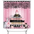 thumbnail image 2 of 4PCS Fashion Shower Curtain Sets With Rugs, Black White Striped Shower Curtain, Girly Magazine Books Pink Floral Peony Leopard Print High Heels Champagne Perfume Lipstick Modern Bathroom Decor, 2 of 7