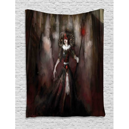 Gothic Tapestry, Medieval Evil Woman Horns Mask Witch Myth Fantasy Old Fashion Scary Watercolor, Wall Hanging for Bedroom Living Room Dorm Decor, Black Red Grey, by Ambesonne