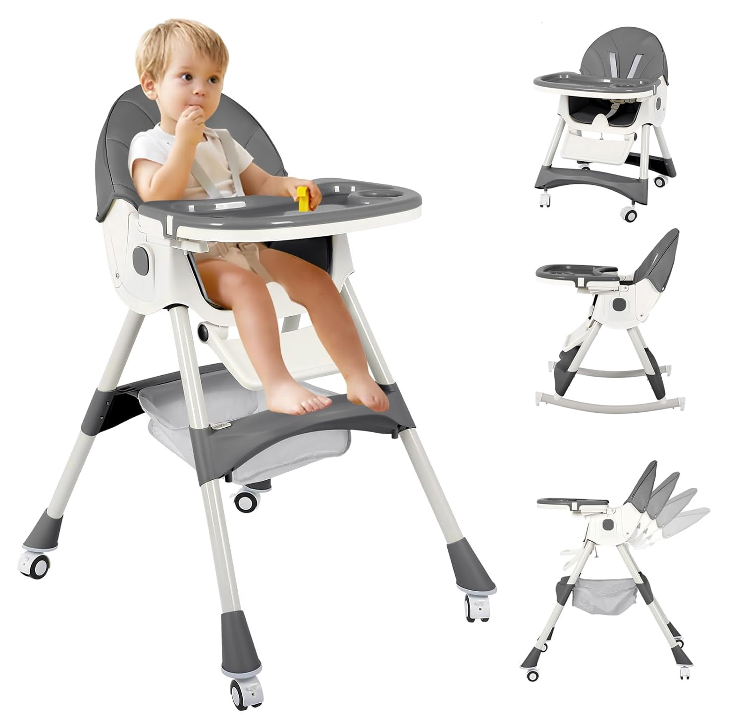 Cochildor 6 in 1 Foldable Baby High Chair, Convertible High Chair, Infant Highchair, Toddlers Booster & Convenient for Travel, Gray