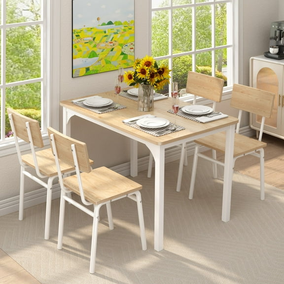 UHOMEPRO 5 Piece Dining Room Table Set, Wood Kitchen Table and Chair Set, Farmhouse Dining Table Set for 4, Rectangle Dining Table with 4 Chairs for Kitchen Dining Room, Strong Metal Support, Natural