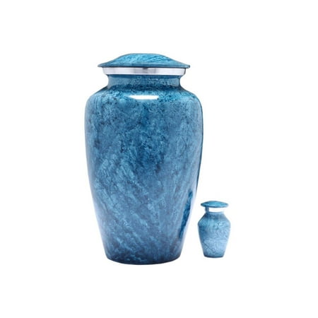 Faux Marble Urn - Blue Marble Finish Cremation Urn Set - Blue Urn - Affordable Handcrafted Adult Funeral Urn for Ashes - Large Urn with Free Keepsake Deal