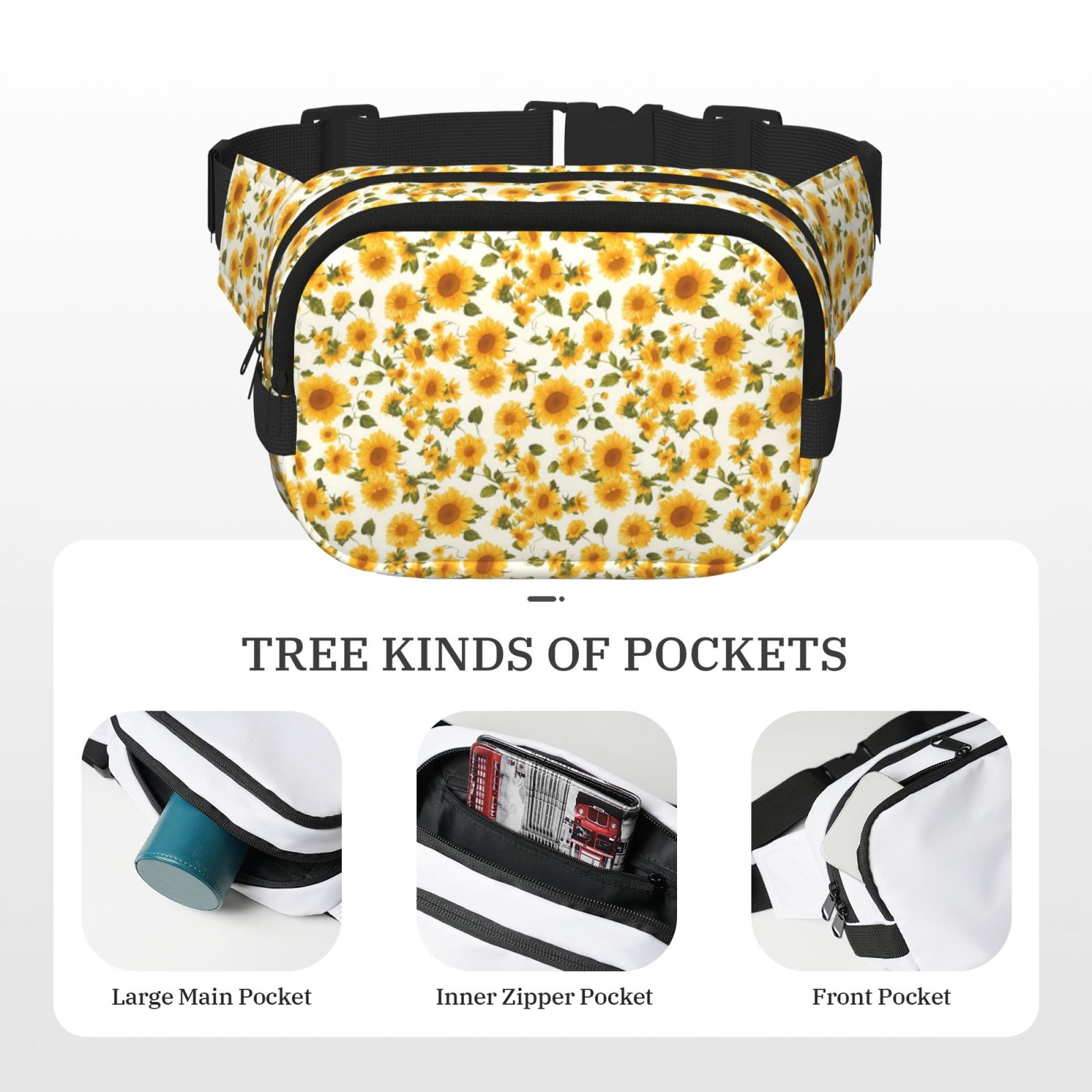 Picia Classical Cute Sunflower Print Square Double-Layer Waist Bag Mini Adjustable Waist Belt Bag Exercise Running Travel Hiking