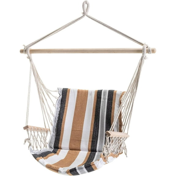 Castaway Living Hammock Chair, Hanging Rope Cushioned Swing with Quick Dry Fabric for Indoor & Outdoor Use - Gray and Black Stripe