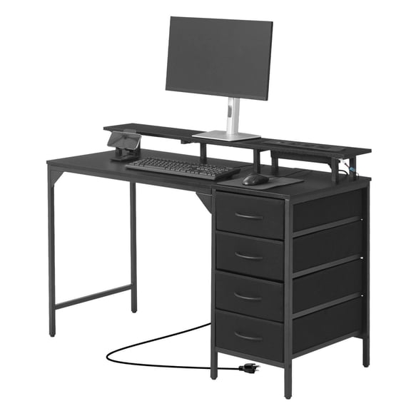 Computer Gaming Desk 47 Inch with LED Light Strips & Electrical Outlets, Ergonomic Office Table with Large Storage Drawers and Monitor Riser