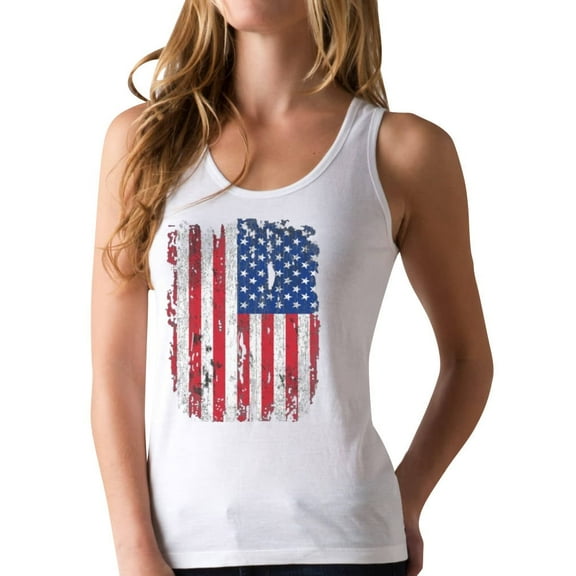 Women's 4th of July Tank Top - Patriotic Vintage USA Flag Print Sleeveless Shirt - White Racerback Tank Top - Cotton Blend Fabric - V-Neck Design - Independence Day Clothing - Small Women's Tank Top
