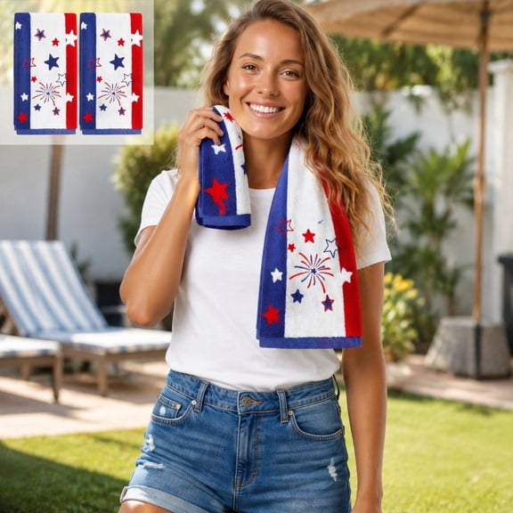 4th of July Patriotic Kitchen Towels 2 Pack,Red White Blue Cotton Dish Towels,Highly Absorbent Lint-Free Tea Towels,15.74x23.62 inch