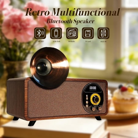 Retro Wooden Clock Radio with 25W Dual Speaker, 6.0 FM Stereo Vintage Wireless Alarm Clock Support USB TF AUX