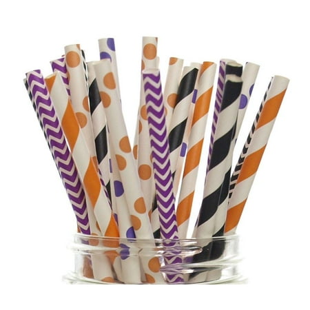 Halloween Straws (25 Pack) - Orange, Black & Purple Chevron, Stripe, Polka Dot October Trick or Treat Party Paper Straws