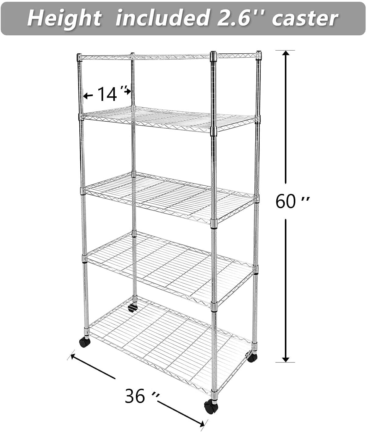 5-Shelf Shelving Shelves Unit with Wheels Steel Organizer,36"Wx14"Dx60"H,Silver