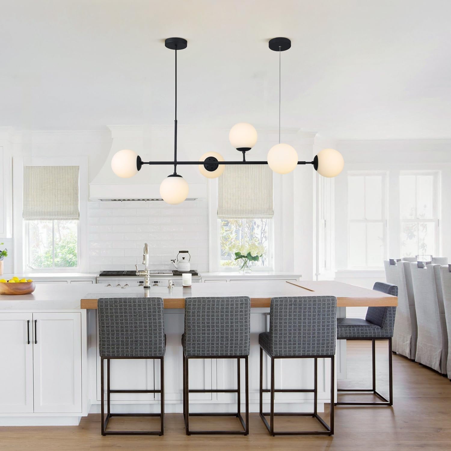KCO Lighting Mid Century Glass Globe Modern Chandelier 6-Light Black Linear Sputnik Chandelier Kitchen Island Pendant Lighting