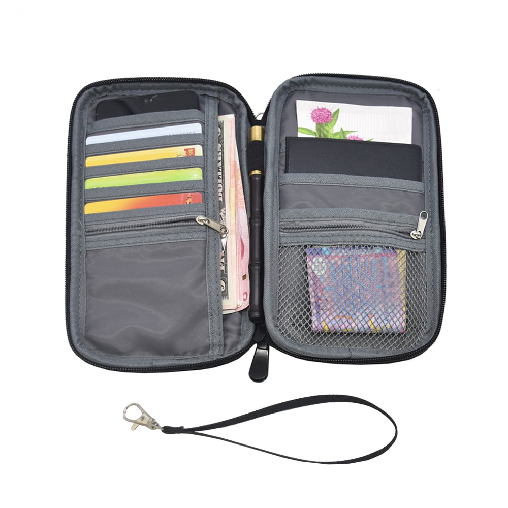 Family Travel Passport Holder Wallet with Zipper Detachable Hand Strap