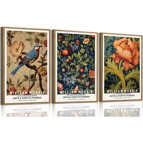 FCCUYE Framed Wall Art William Morris Botanical Flower Canvas Wall Art Set of 3, William Morris Print Abstract Floral Artwork Farmhouse Rustic Decor for Living Room Bedroom 12x16 Inch