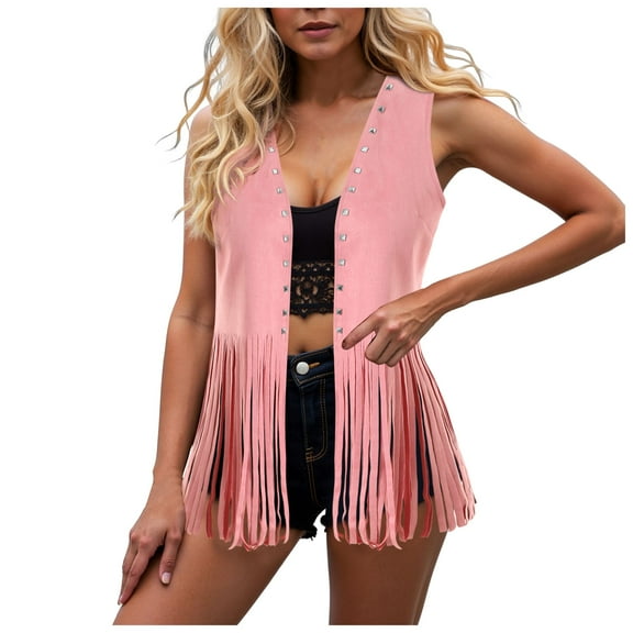 GEWSEY Womens Fringe Vest 70s Hippie Sleeveless Cowgirl Western Outfits Suede Tassel Leather Outerwear (Pink, XXL)