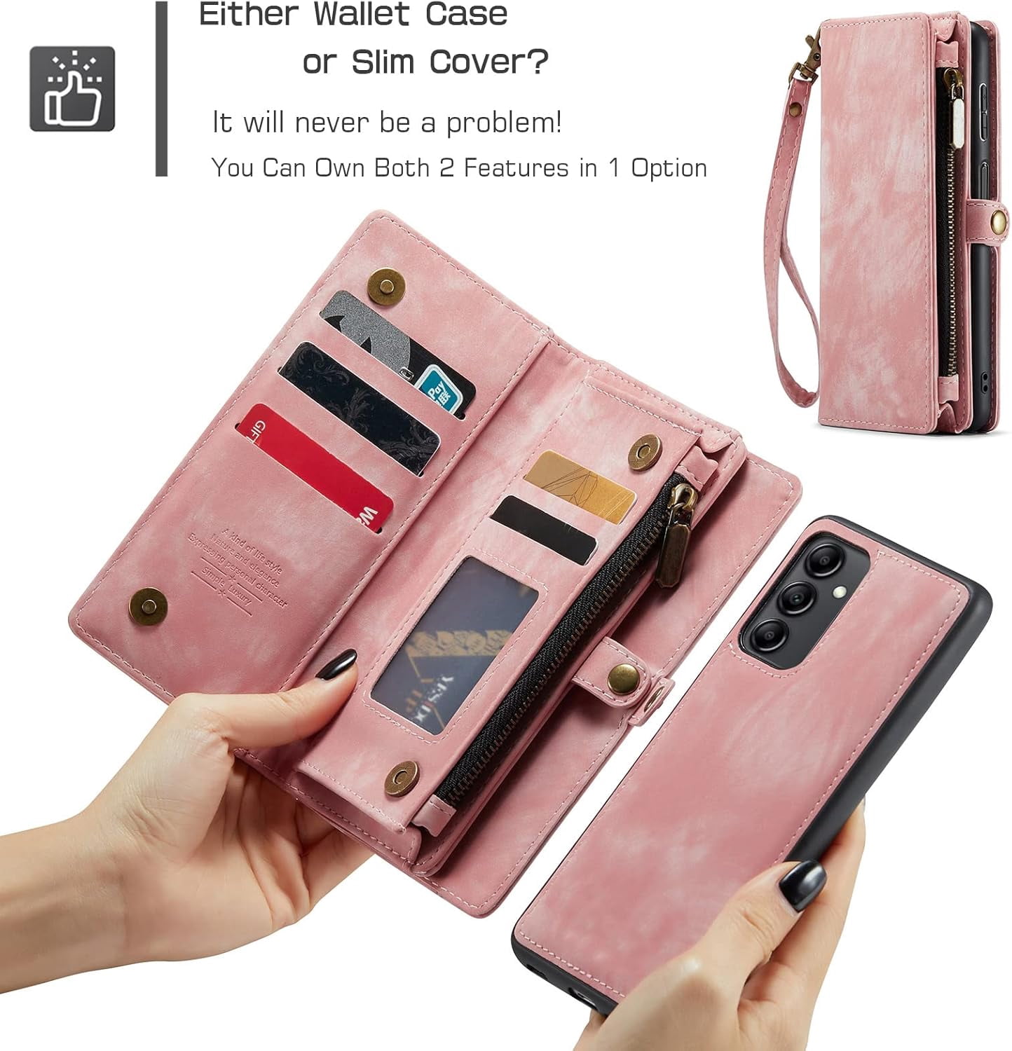 Phone Case for Samsung Galaxy A14 5G Zipper Wallet Detachable Cover with Tempered Glass Screen Protector and Leather Flip Credit Cash Card Holder Cell Accessories A 14 4G 14A G5 Women Men Pink