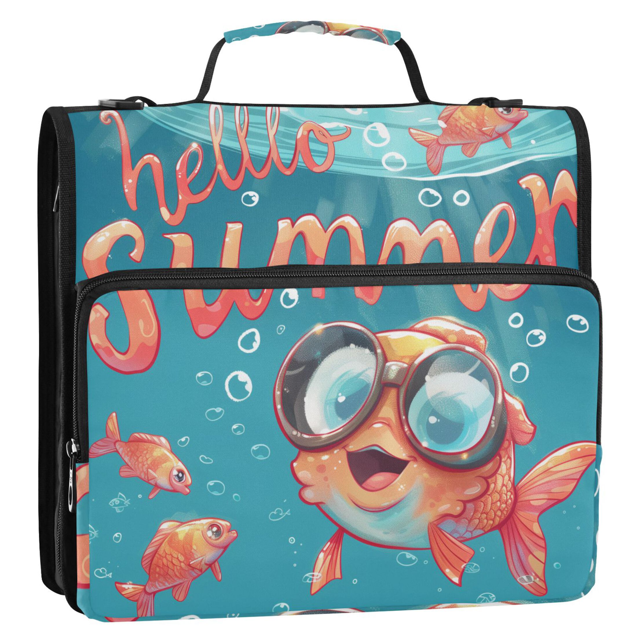 3 Ring Zipper Binder with Shoulder Strap Waterproof Trapper Keeper 2 Inch D-Ring 500 Sheets Capacity Hello Summer Fish