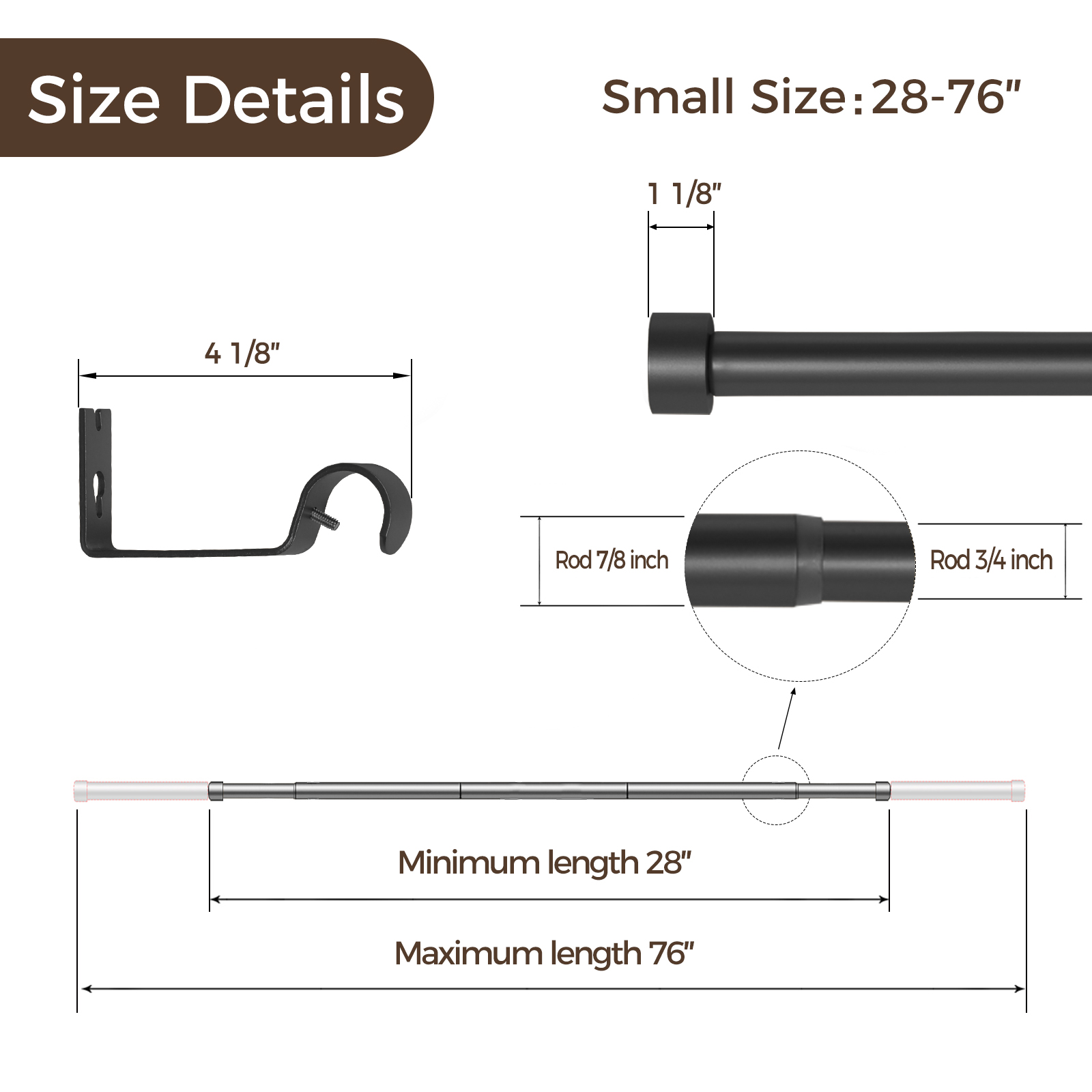 TWOPAGE Jaylon Adjustable Black Curtain Rod for 28-76 Windows, Heavy-duty carbon steel curtain rod with curtain rings