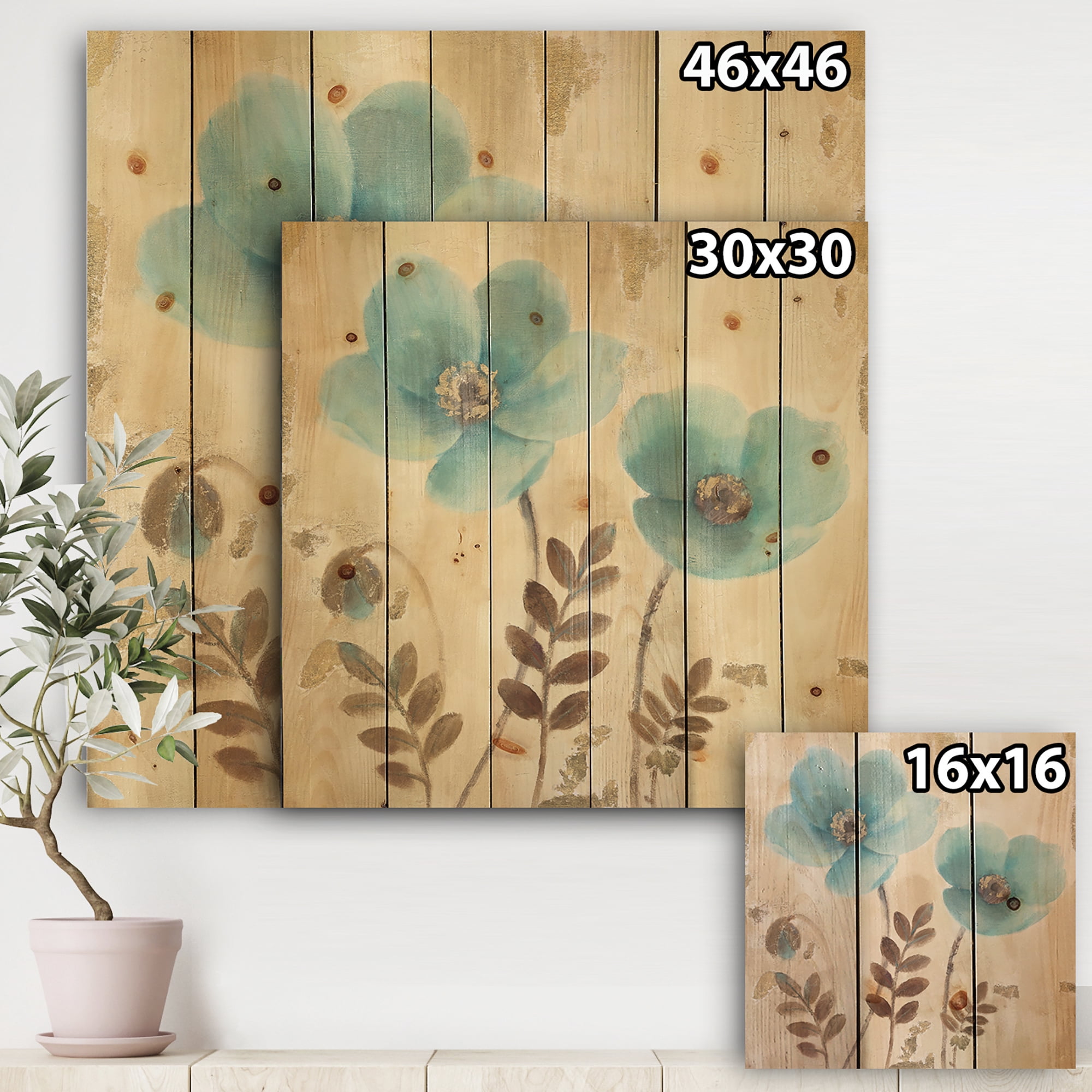 Designart 'Turquoise Poppies Cottage Flowers I' Farmhouse Print on Natural Pine Wood